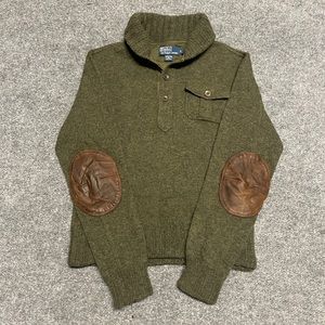 VTG Polo Ralph Lauren Wool Shawl Sweater Mens S Olive Green Leather Elbow Patch